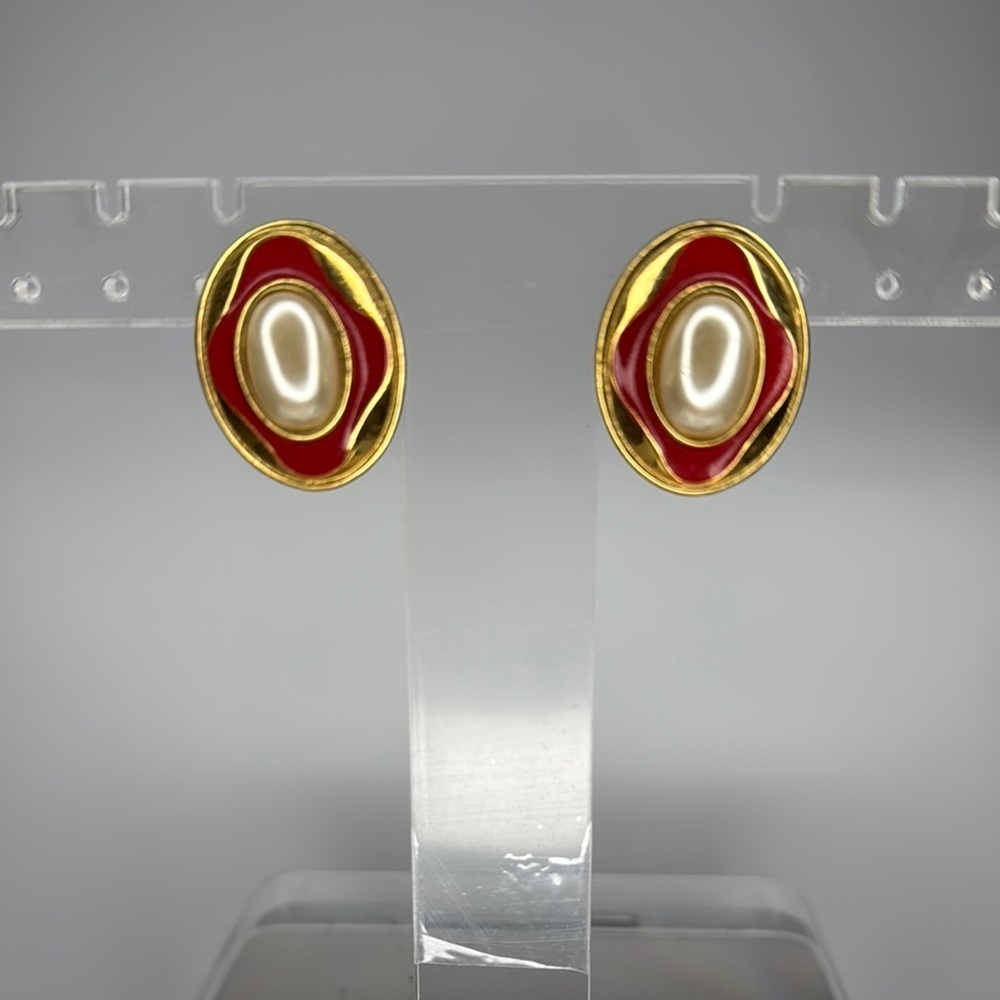 Vintage Red and Gold Geometric Earrings - Picture 1 of 4